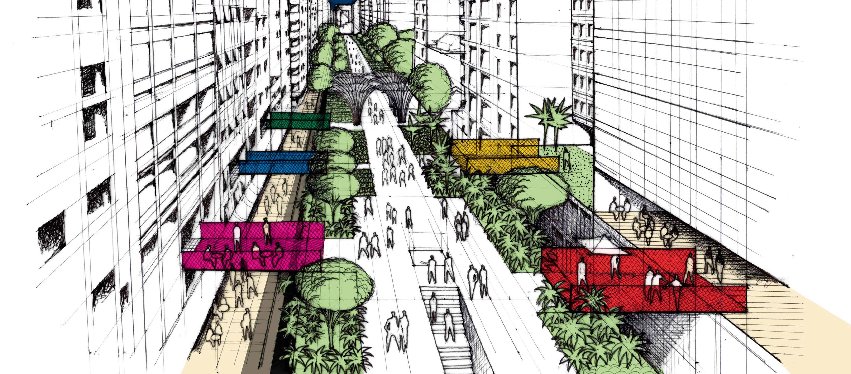 Mais pessoas, menos carros: transformação do Minhocão, em São Paulo, em parque urbano é uma tendência entre cidades inteligentes. Foto: reprodução/Jaime Lerner Arquitetos Associados Mais pessoas, menos carros: transformação do Minhocão, em São Paulo, em parque urbano é uma tendência entre cidades inteligentes. Foto: reprodução/Jaime Lerner Arquitetos Associados