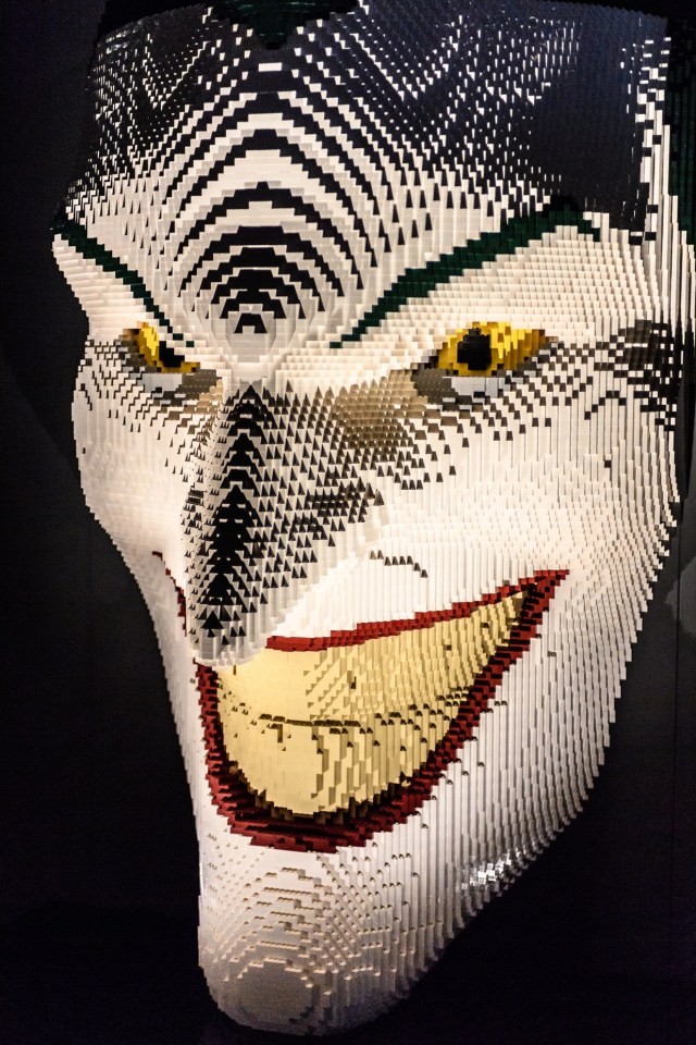 THE ART OF THE BRICK: DC SUPER HEROES - Artist Nathan Sawaya returns to London with the world's largest LEGO exhibition, inspired by Batman, Superman, and Wonder Woman. The exhibition opens, in a purpose-built marquee in Doon Street car park, Upper Ground, on the South Bank. Picture shows: The Joker Facemask. THE ART OF THE BRICK: DC SUPER HEROES - Artist Nathan Sawaya returns to London with the world's largest LEGO exhibition, inspired by Batman, Superman, and Wonder Woman. The exhibition opens, in a purpose-built marquee in Doon Street car park, Upper Ground, on the South Bank. Picture shows: The Joker Facemask.