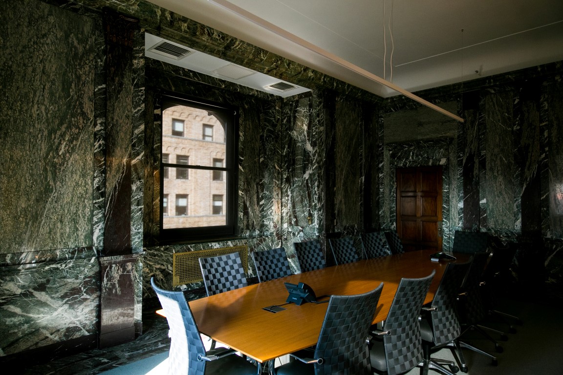 A conference room in marbled offices that once belonged to F.W. Woolworth, which architect Kang Chang restored for his firm Kang Modern, in New York, Aug. 9, 2019. Secret rooms are popping up in workplaces. (Jeenah Moon/The New York Times) A conference room in marbled offices that once belonged to F.W. Woolworth, which architect Kang Chang restored for his firm Kang Modern, in New York, Aug. 9, 2019. Secret rooms are popping up in workplaces. (Jeenah Moon/The New York Times)