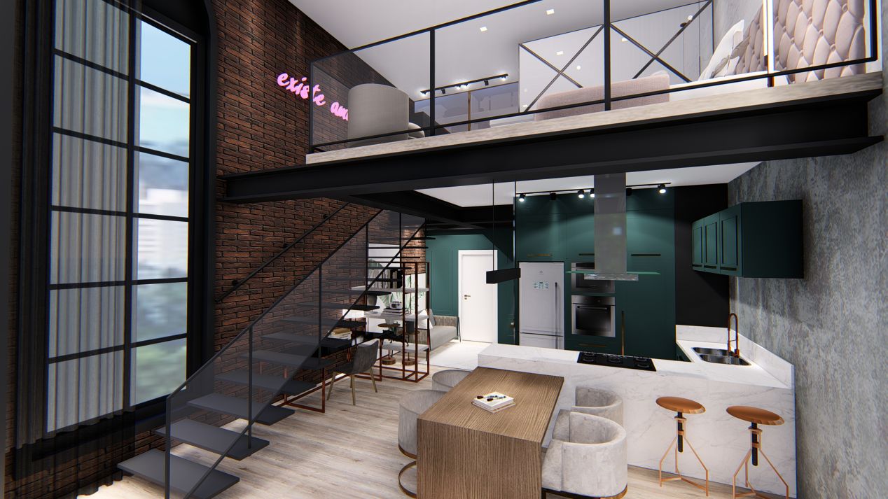 Pontos de cor para o loft com inspiração nova iorquina. O letreiro no piso superior diz "Existe amor em SP". Foto: reprodução Pontos de cor para o loft com inspiração nova iorquina. O letreiro no piso superior diz "Existe amor em SP". Foto: reprodução