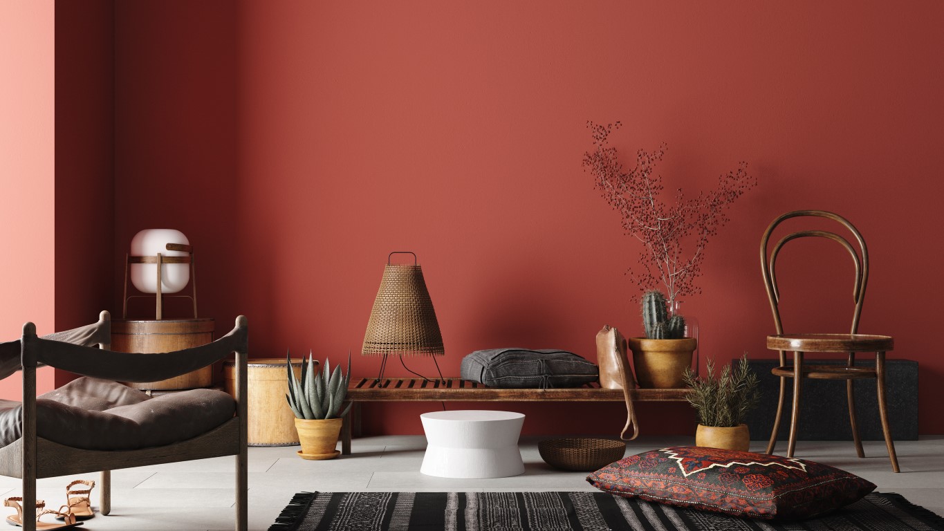 Rustic Home interior mockup with bench,chairs and decor in red room, 3d illustration Rustic Home interior mockup with bench,chairs and decor in red room, 3d illustration