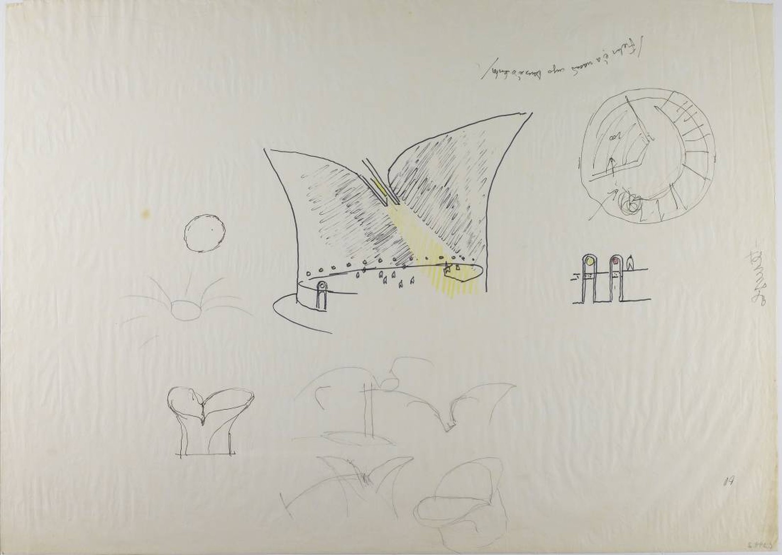 Croqui de Niemeyer de 1987 prevê uma abertura para entrada de luz na sala expositiva principal. Imagem: divulgação/GDF Croqui de Niemeyer de 1987 prevê uma abertura para entrada de luz na sala expositiva principal. Imagem: divulgação/GDF