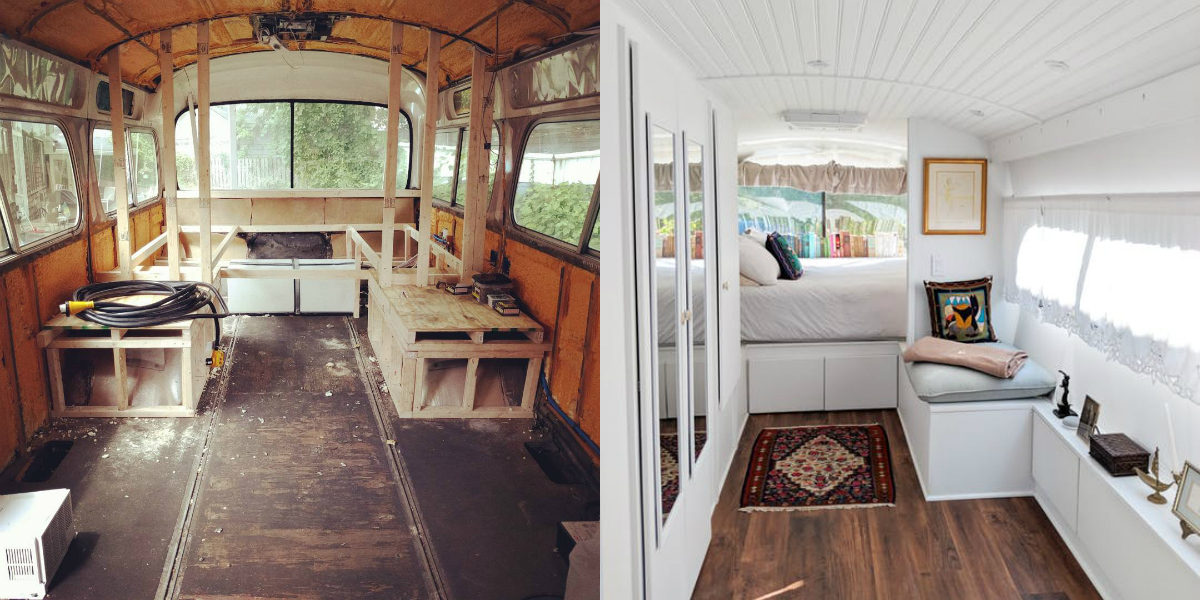 O interior de um ônibus  de 1966 ganhou vida nova com uma reforma de três anos e muito estilo. Fotos: Jessie Lipskin / Reprodução