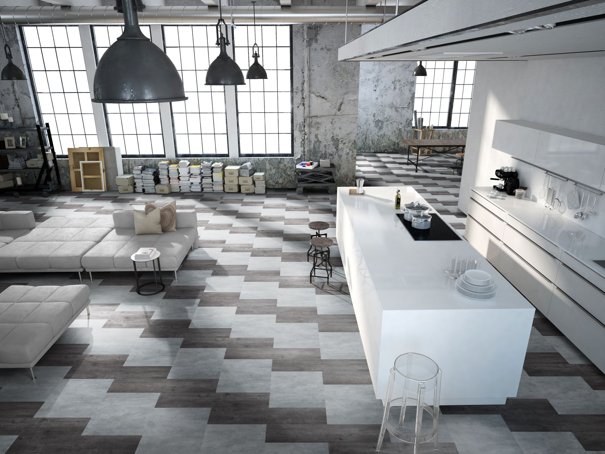 Piso vinílico da linha Ambienta Trend e Ambienta Stone da Tarkett, com configuração mesclada.
Foto: Tarkett/Divulgação