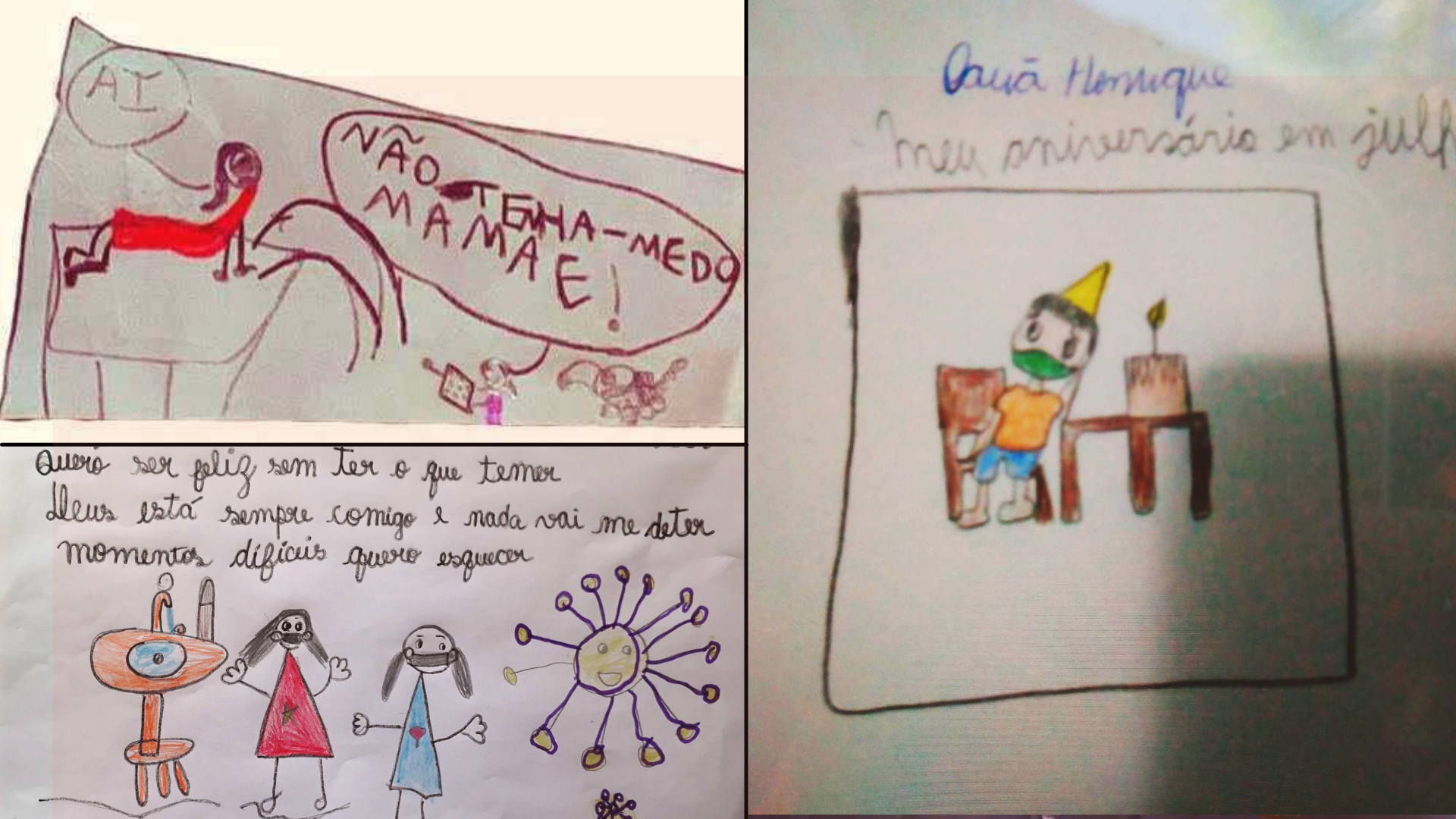 Desenhos preparados por crianças de 6 a 9 anos para representar a pandemia da Covid-19.