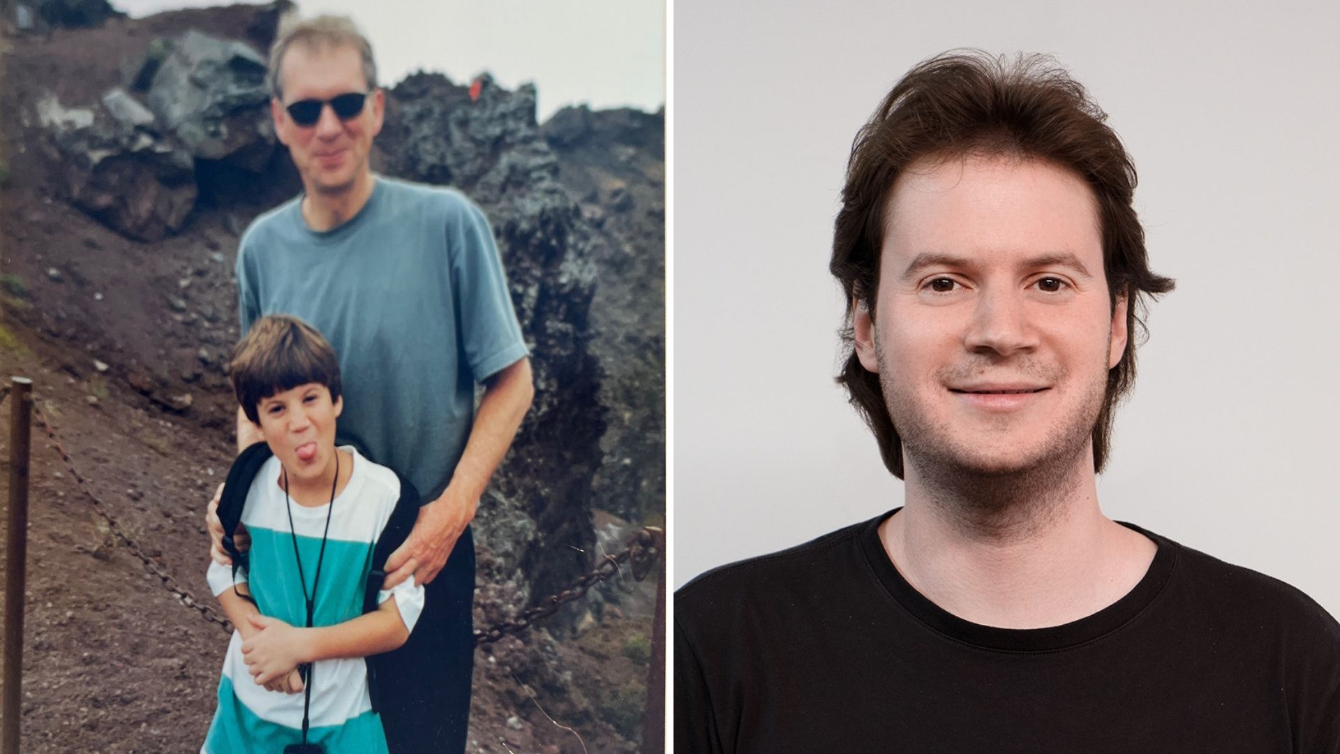 Na foto à esquerda, Patrice e Nicolas; à direita, Nicolas hoje, aos 29 anos, publicitário e diretor executivo do Instituto ABCD.