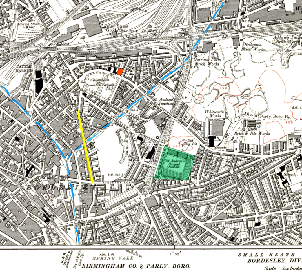 Mapa de Small Heath na década de 1910: o pub The Garrison (laranja), a Watery Lane (amarelo), os canais (azul) e o estádio St. Andrew (verde). Crédito: reprodução. Mapa de Small Heath na década de 1910: o pub The Garrison (laranja), a Watery Lane (amarelo), os canais (azul) e o estádio St. Andrew (verde). Crédito: reprodução.