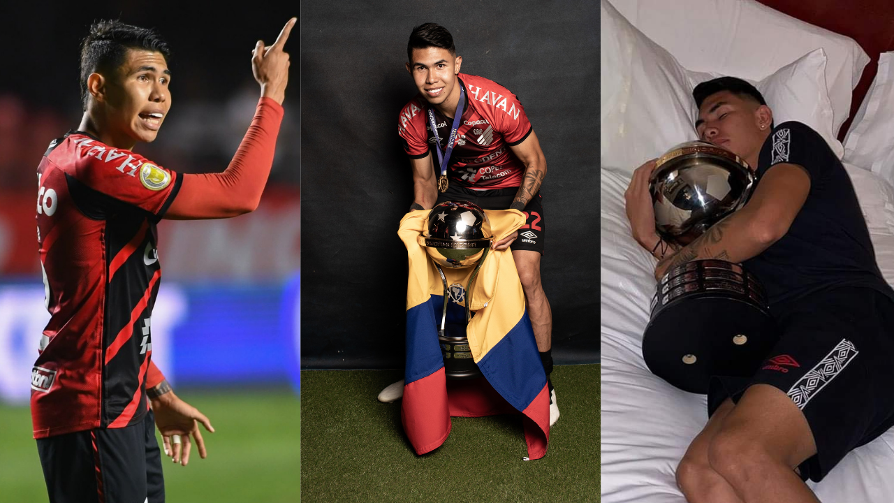 Nico Hernández em ação pelo Athletico, com a bandeira da Colômbia e o troféu de campeão da Sul-Americana Nico Hernández em ação pelo Athletico, com a bandeira da Colômbia e o troféu de campeão da Sul-Americana