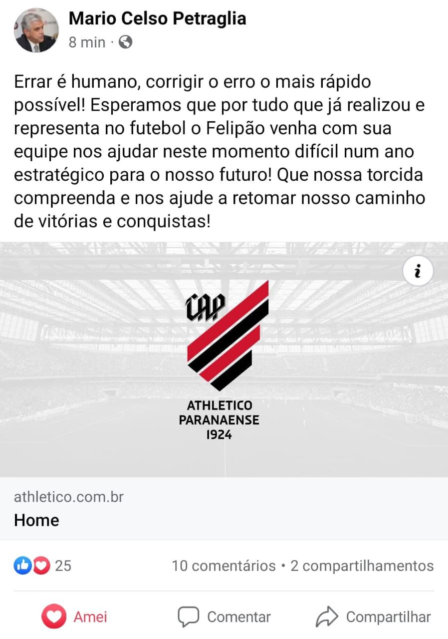 Postagem de Petraglia nas redes sociais Postagem de Petraglia nas redes sociais