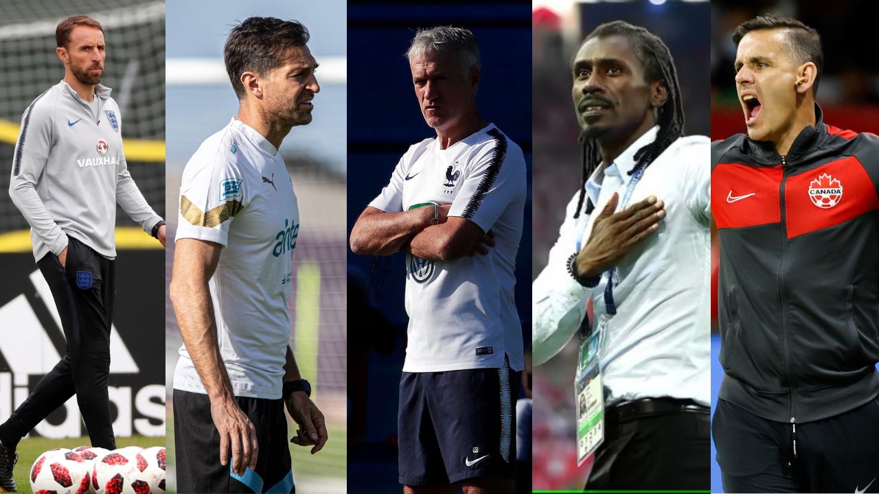 Gareth Southgate, Diego Alonso, Didier Deschamps, Aliou Cissé e John Herdman