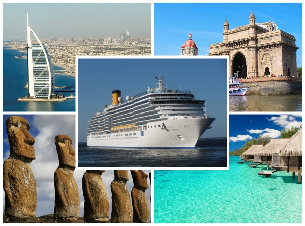 Brasil será, pela primeira vez, saída de cruzeiro de volta ao mundo Ao centro, o Costa Luminosa e, da esquerda para a direita, Dubai, Mumbai, Bora Bora e a Ilha da Páscoa. Fotos: Divulgação