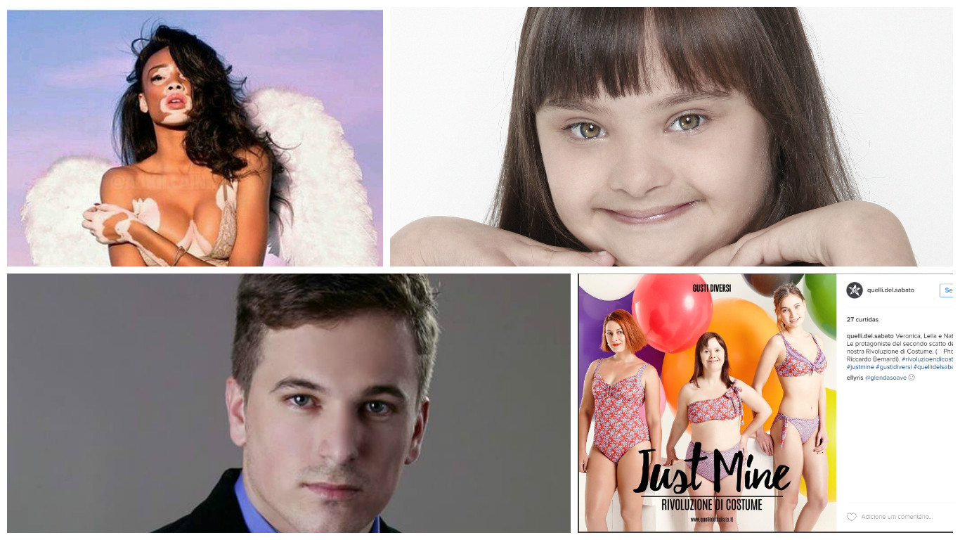  Winnie Harlow , do Canadá, Marianne Oliveira, de Curitiba,  Guilherme Pákua, de Ponta Grossa e o time de modelos da campanha Just Mine, da associação italiana Rivoluzione di Costume: a beleza da diversidade. Fotos: divulgação e reprodução Instagram.