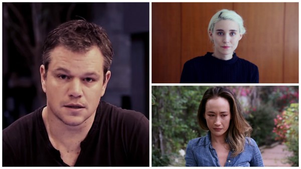 Celebridades protestam contra morte de cães na Ásia Matt Damon, Rooney Mara e Maggie Quigley protestam contra morte brutal de cachorros na Ásia. Fotos: Reprodução/Youtube