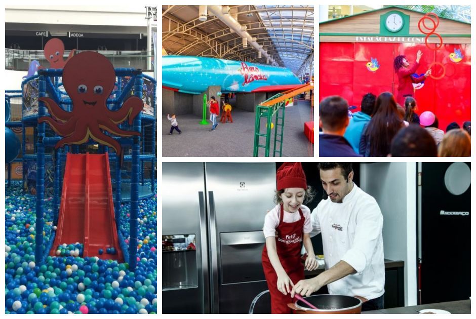 Piscina de bolinhas, avião interativo, peças de teatro e aulas de culinária são algumas das opções para crianças nas férias de julho. Fotos: Divulgação, Priscilla Fiedler e André Rodrigues