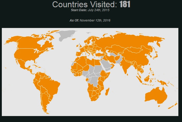 Na imagem, todos os países que Cassandra já visitou, em alaranjado (Foto: reprodução site da Expedição 196) Na imagem, todos os países que Cassandra já visitou, em alaranjado (Foto: reprodução site da Expedição 196)