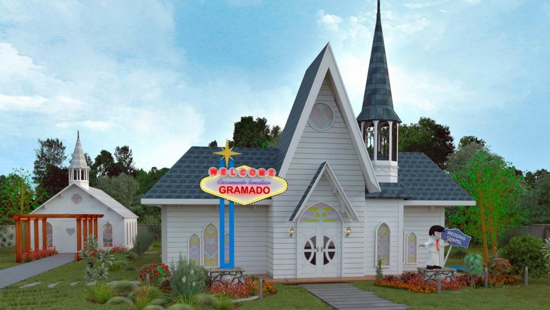 A capela tem até um letreiro inspirado no famoso sinal de Las Vegas. Foto: divulgação. A capela tem até um letreiro inspirado no famoso sinal de Las Vegas. Foto: divulgação.