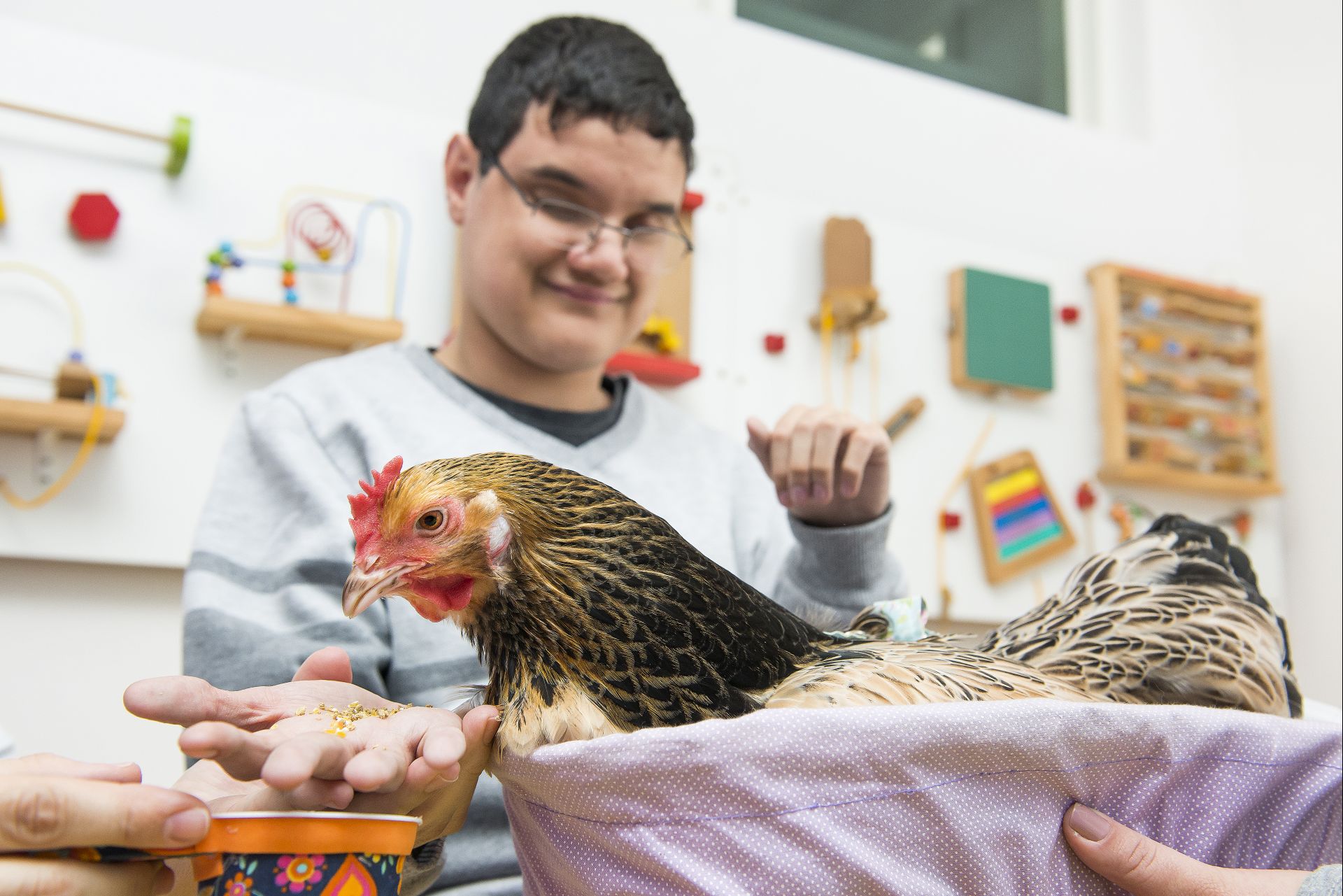 João Arthur Kaminski Oliveira, de 18 anos, é um dos pacientes que se beneficia da pet terapia com a galinha Laila (Foto: Letícia Akemi / Gazeta do Povo)