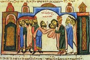 Nesta iluminura da "Crônica de João Scylitzes", os governantes muçulmanos de Edessa entregam a Imagem aos bizantinos após o cerco de 943 d.C. (Imagem: Reprodução)