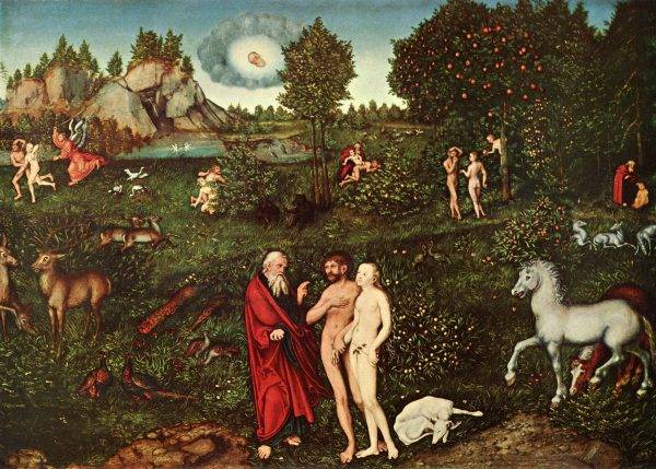 A história de Adão e Eva, pintada por Lucas Cranach: ainda que a existência real do primeiro casal seja considerada essencial para a crença cristã, ainda é preciso estabelecer como ela se insere no relato científico sobre o surgimento dos Homo sapiens. (Imagem: Reprodução)