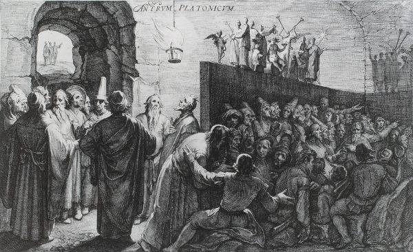 "Alegoria da Caverna de Platão", por Jan Saenredam, baseada em Cornelis van Haarlem (1604).