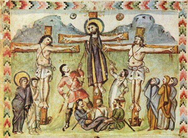 Iluminura dos "Evangelhos de Rabbula", do século 6.º. Se você acha que furar um corpo com uma lança pode ser comparado a espremer uma esponja num manequim de plástico, você precisa rever seus conceitos. (Imagem: Reprodução)