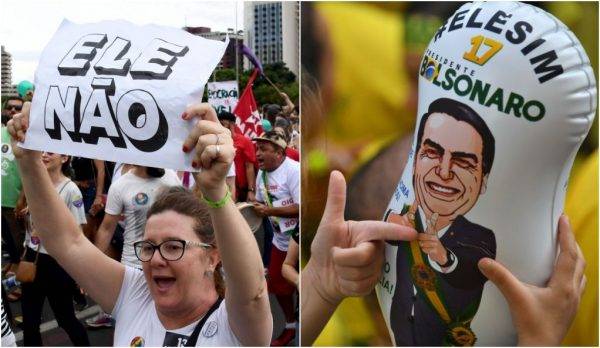 Manifestantes nos protestos contra e a favor de Bolsonaro: atos do último fim de semana antes do segundo turno deram recados para o PT e ao capitão da reserva. Fotos: Evaristo Sá/AFP e Nelson Almeida/AFP