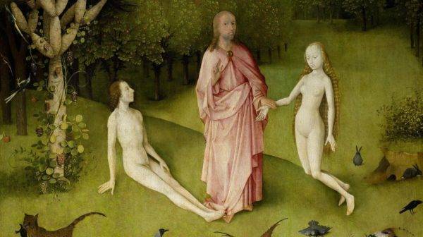 A criação do homem e da mulher no tríptico "O jardim das delícias terrenas", de Bosch: a Bíblia nos diz que Deus criou o homem, mas não diz a forma exata como fomos criados. (Imagem: Reprodução)