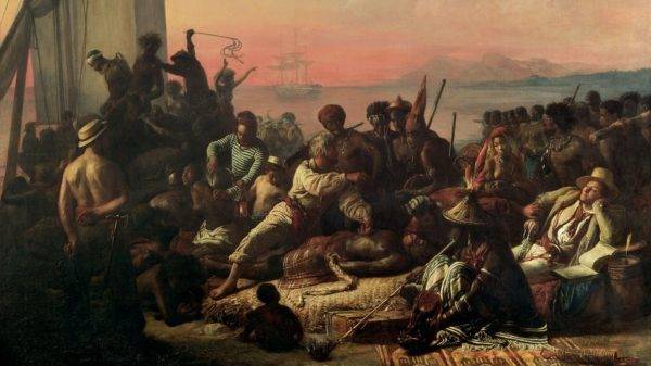 "O mercado de escravos", de Auguste François Biard. Imagem: Reprodução